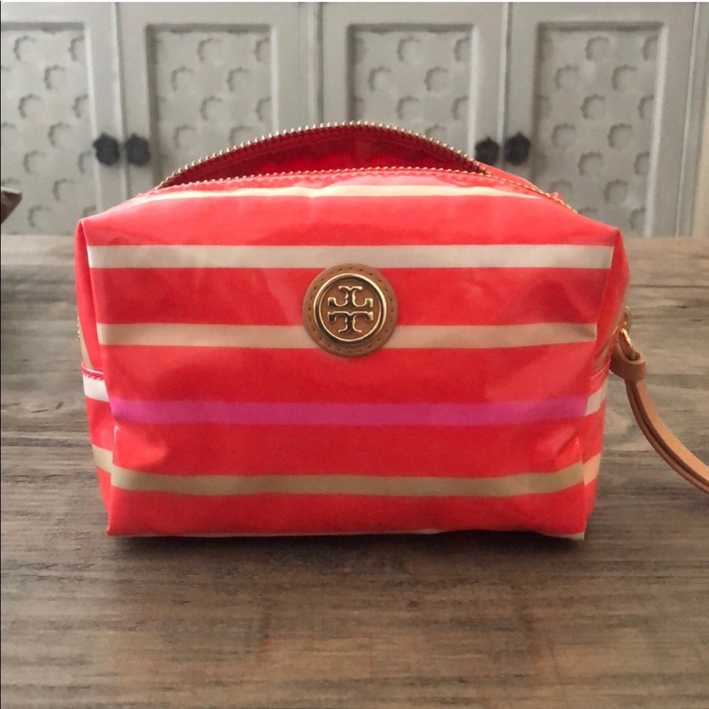 NEW Tory Burch Small Pink Stripe Cosmetic Case
